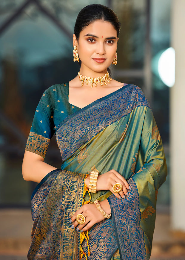 Pine Green Dual Tone Woven Banarasi Silk Saree
