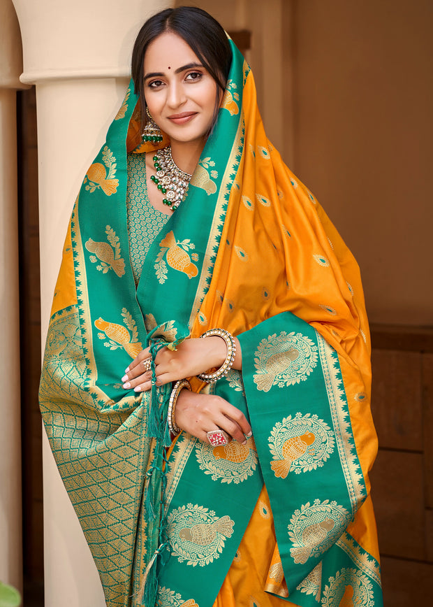 Orange & Green Woven Banarasi SIlk Saree