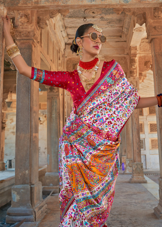 White Multicolor Printed Kashmiri Jamewar Saree