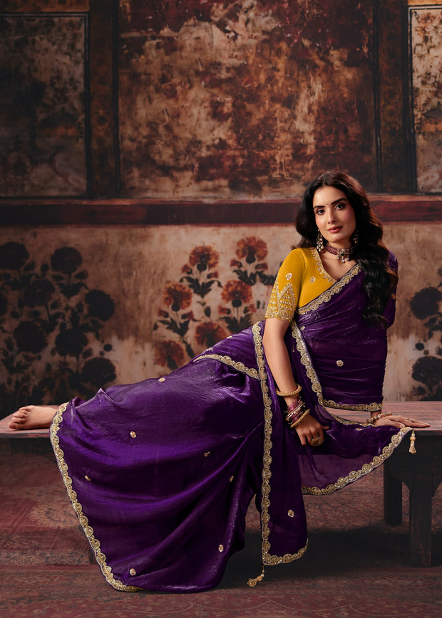 Deep Purple Designer Satin SIlk Saree With Embroidered Blouse