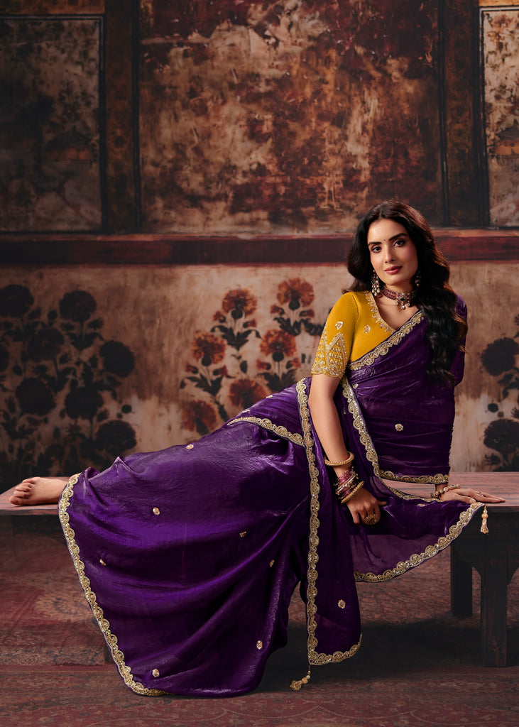 Deep Purple Designer Satin SIlk Saree With Embroidered Blouse