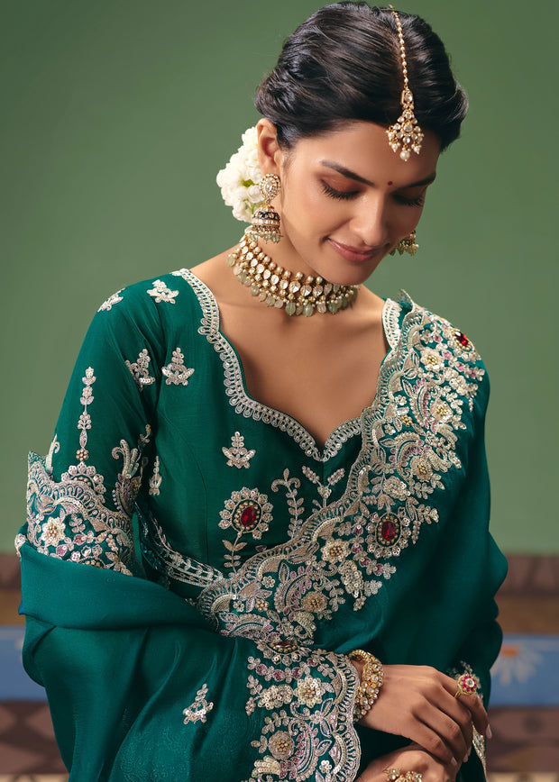 Teal Green Embroidered Designer Saree