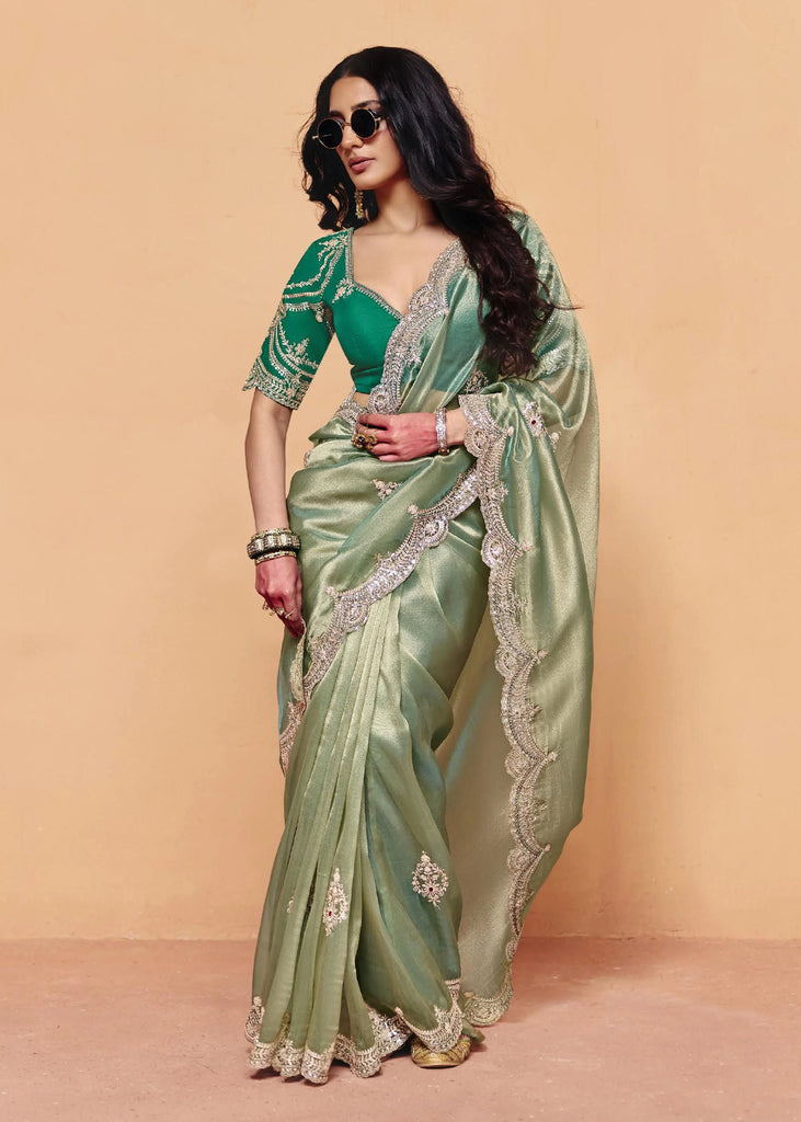 Irish Green Embroidered Designer Tissue Saree