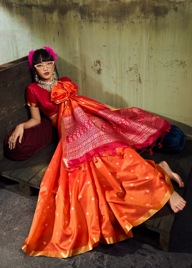 Sunset Orange Banarasi Tusser Silk Saree