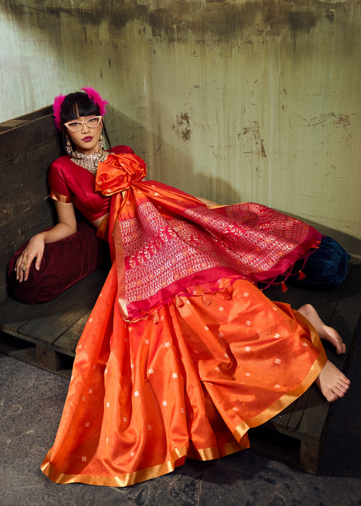 Sunset Orange Banarasi Tusser Silk Saree