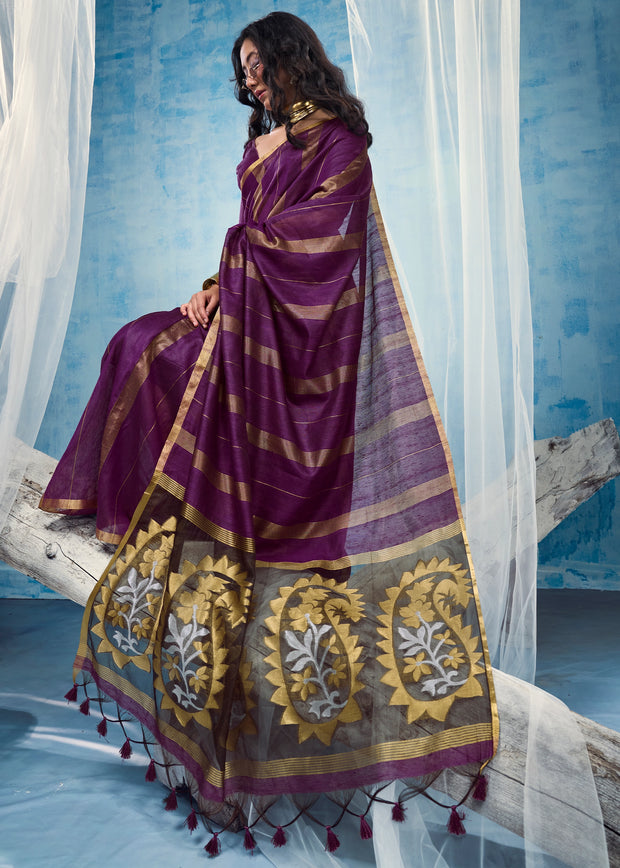 Plum Purple Woven Munga Cotton Saree