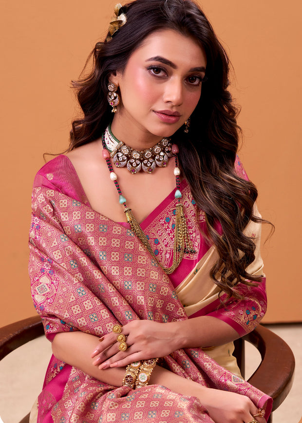 Cream And Pink Banarasi Satin Silk Saree