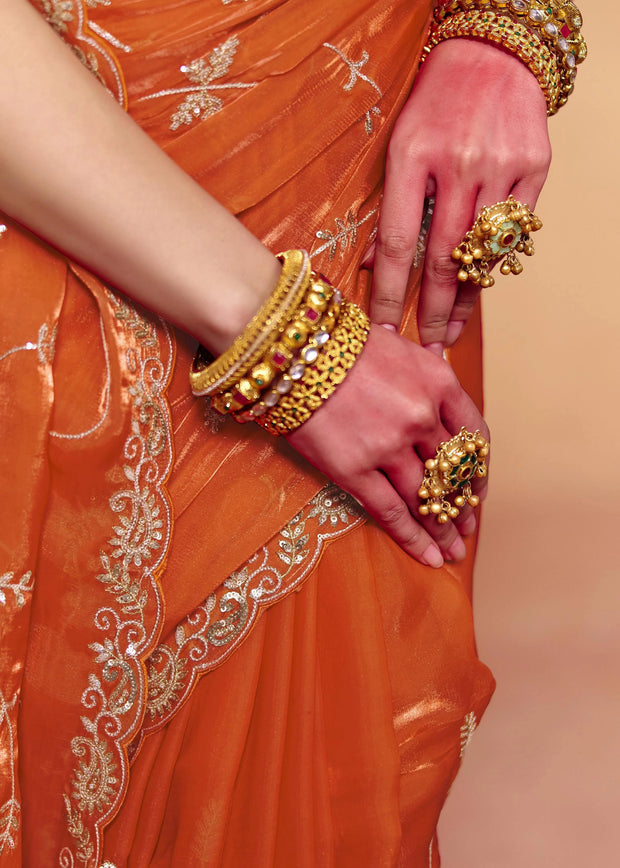 Burnt Orange Embroidered Designer Tissue Saree