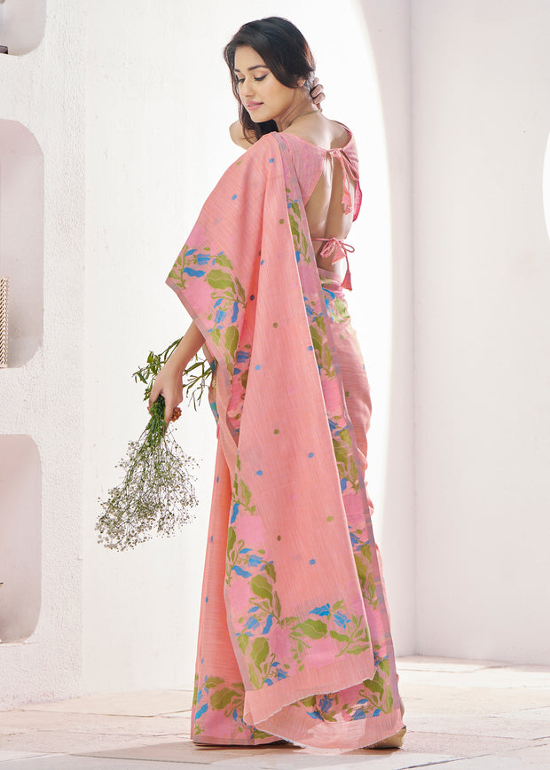 Rose Pink Woven Linen Silk Saree