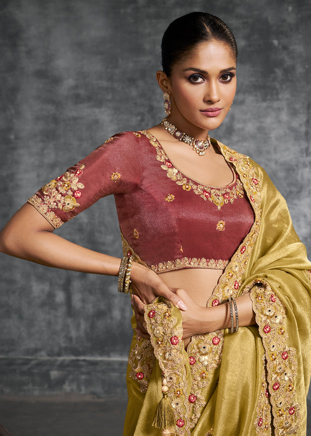 Mustard Yellow Embroidered Tissue Silk Saree