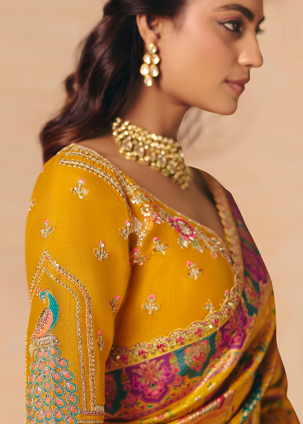 Honey Yellow Designer Embroidered Saree