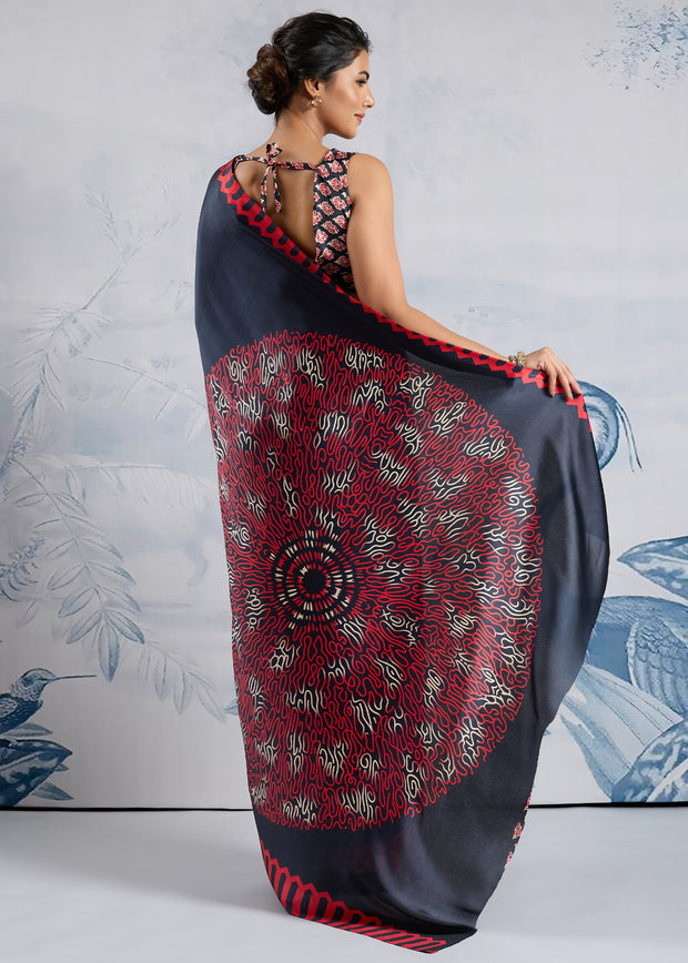 Jet Black Satin Silk Saree with Ajrakh Printed Pallu and Blouse