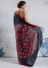 Jet Black Satin Silk Saree with Ajrakh Printed Pallu and Blouse