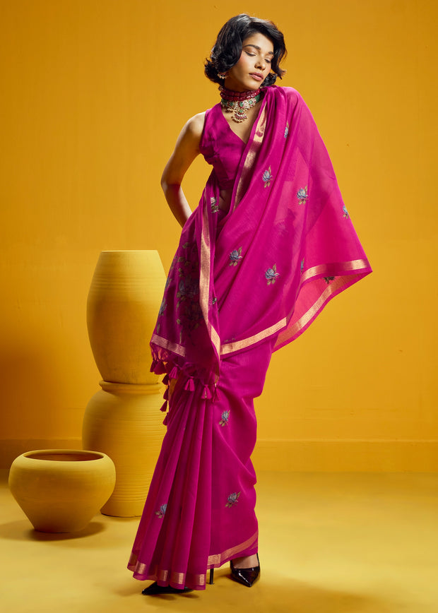 Fuchsia Pink Woven Munga Cotton Silk Saree