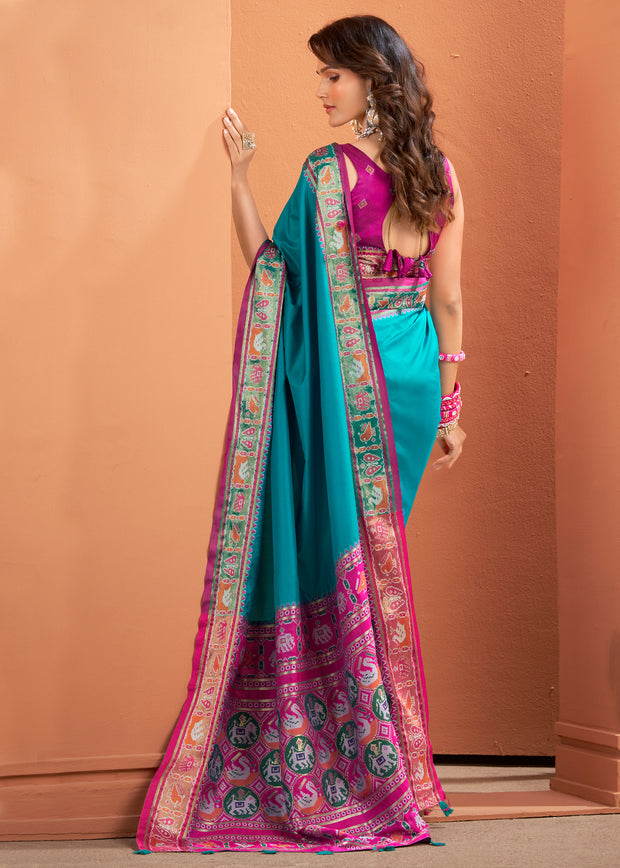 Teal Blue Woven Banarasi Patola Silk Saree