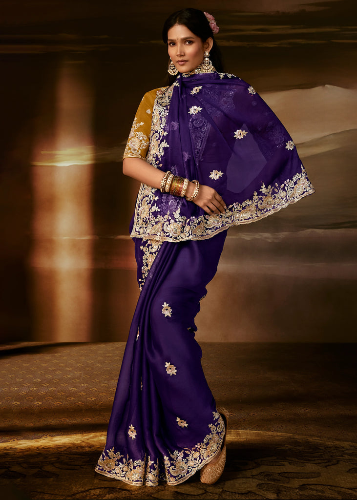 Grape Violet Embroidered Designer Organza Saree