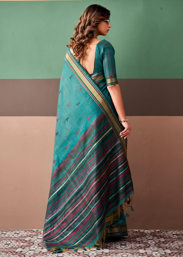 Teal Blue Woven Cotton Silk Saree