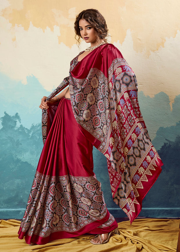 Maroon Printed Satin Silk Saree