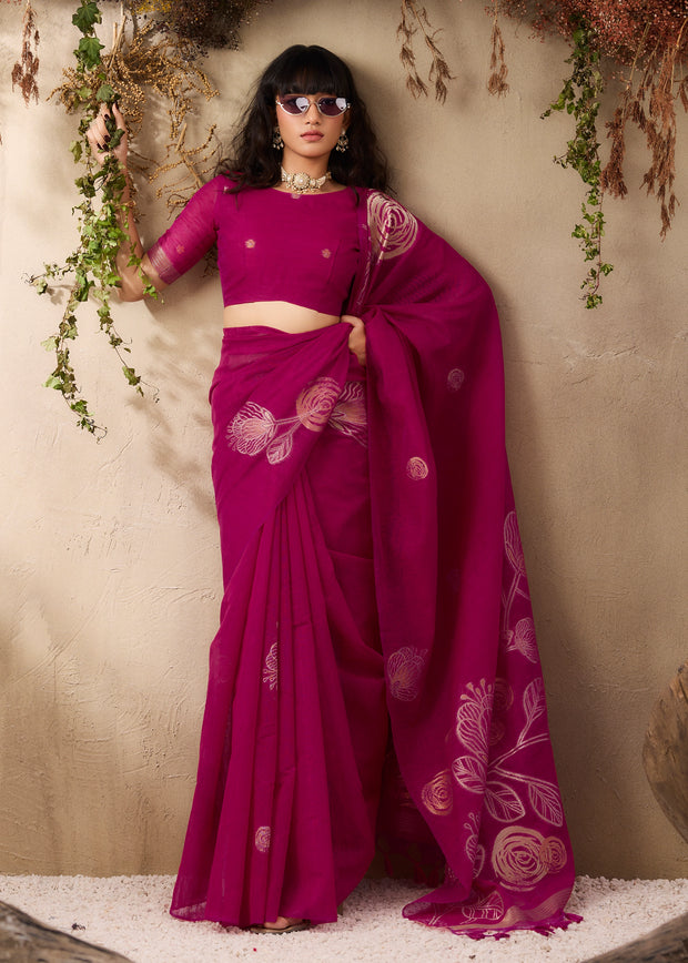 Magenta Pink Woven Soft Silk Saree