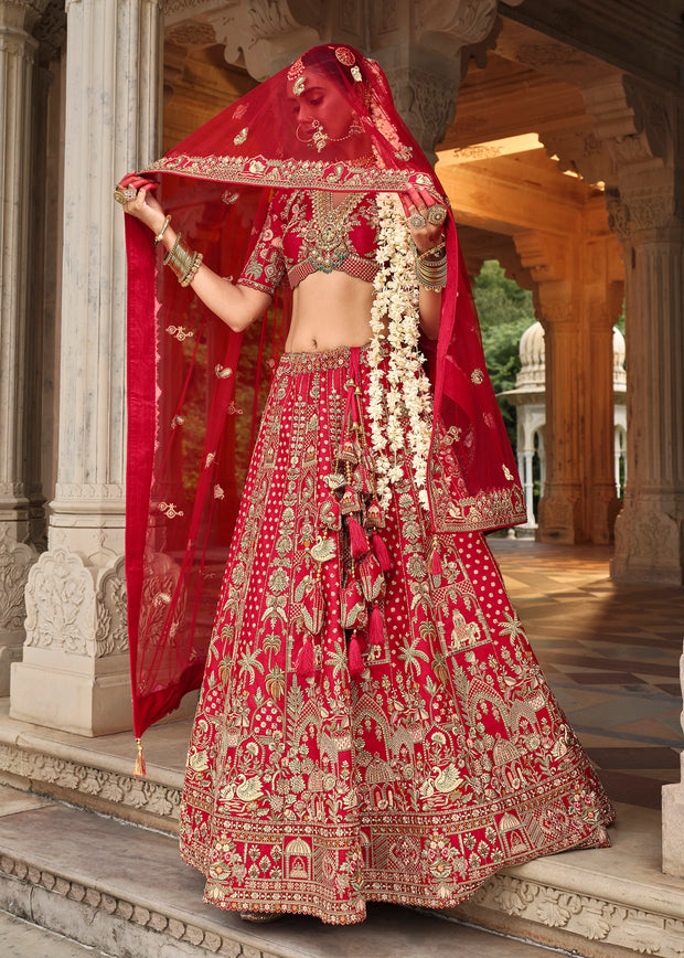 Scarlet Red Heavy Embroidered Designer Lehenga