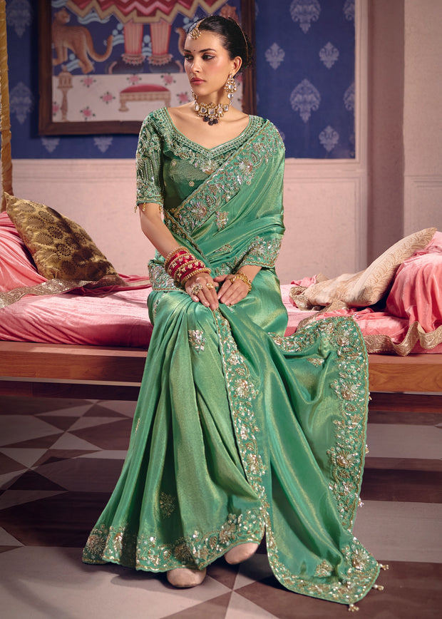 Summer Green Embroidered Tissue Designer Saree