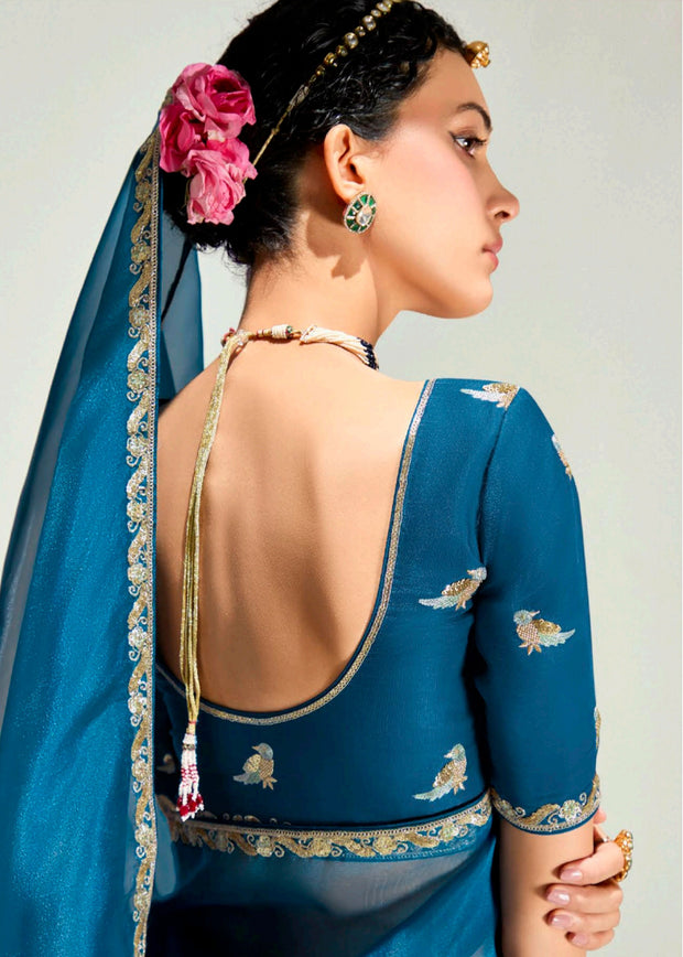 Coral Blue Ombre Designer Tissue Saree With Embroidered Blouse