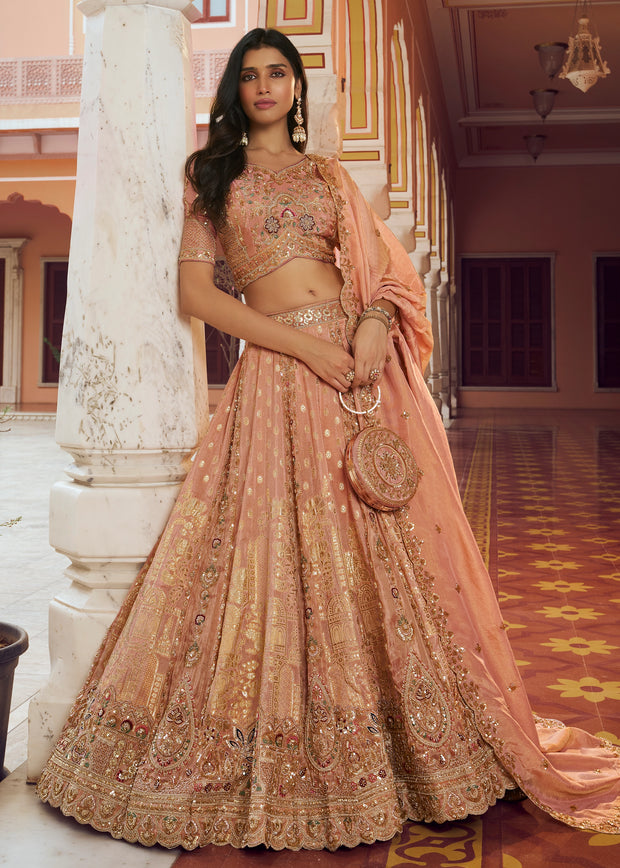 Peach Banarasi Silk Embroidered Lehenga