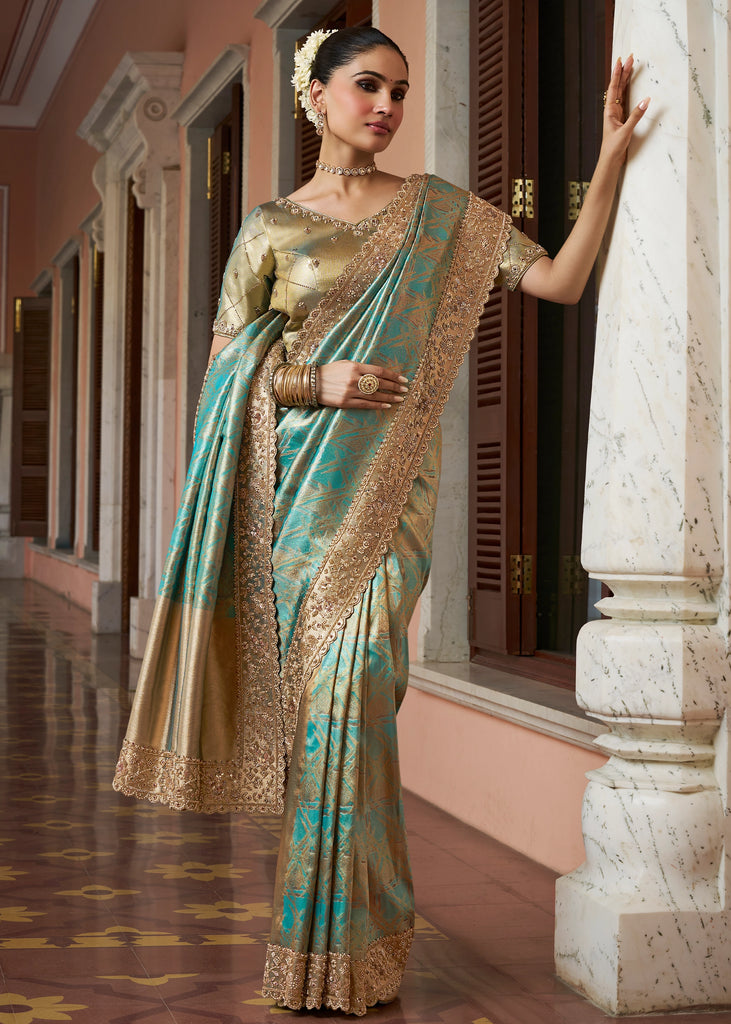 Turquoise Blue Bead Work Kanjivaram Soft Silk Saree