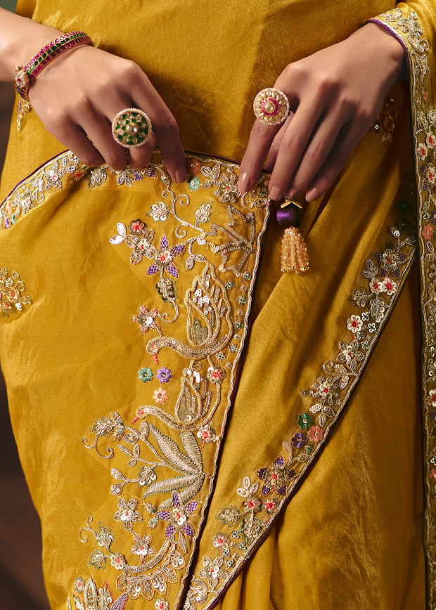 Mustard Yellow Embroidered Designer Saree