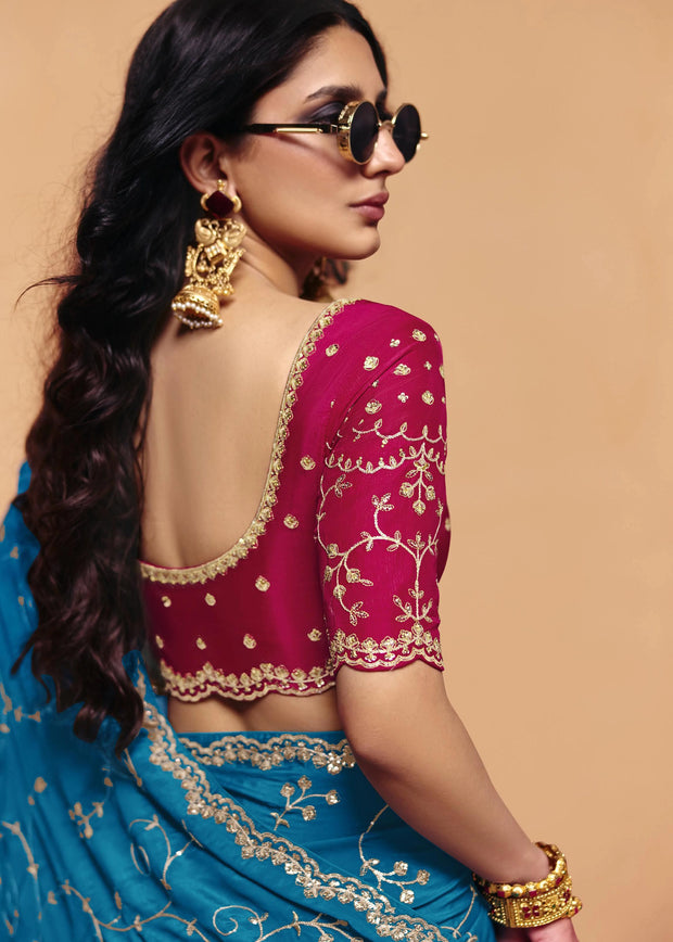 Heritage Blue Embroidered Designer Tissue Saree