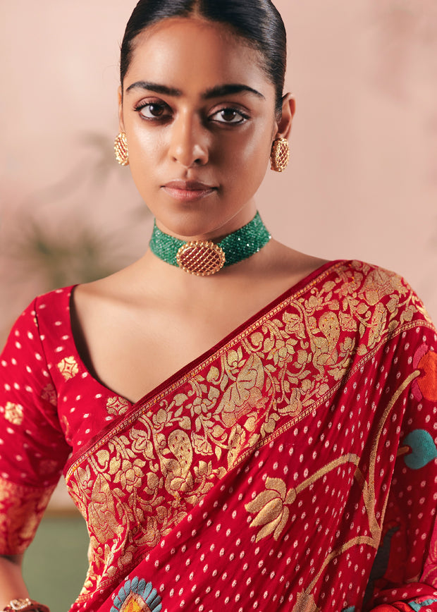 Bridal Red Woven Georgette Bandhej Saree