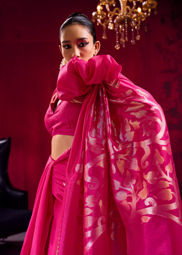 Fuchsia Pink Banarasi Satin Linen Silk Saree