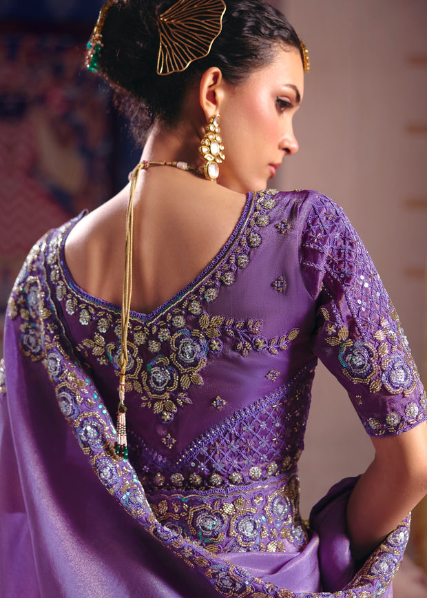 Lavender Purple Embroidered Tissue Designer Saree