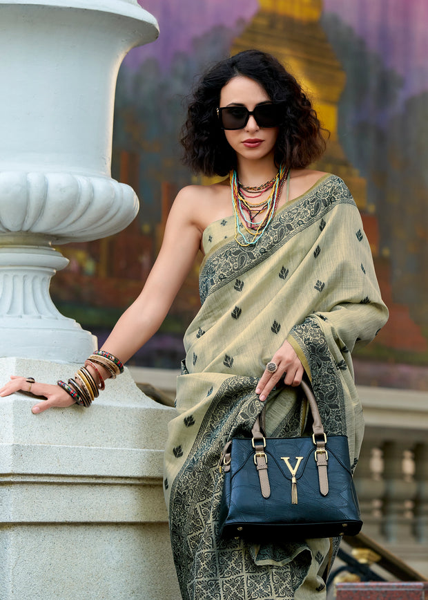 Khadi Beige Woven Tissue Linen Silk Saree