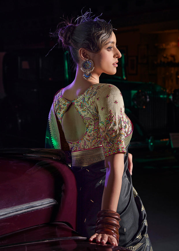“Exclusive Offer” : Phantom Black Woven Banarasi Silk Saree With Embroidered Blouse