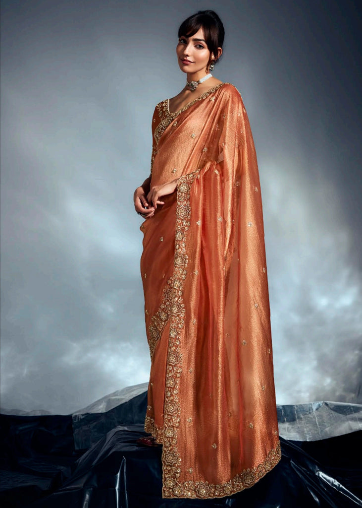 Apricot Orange Designer Silk Saree
