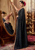 “Exclusive Offer” : Pirate Black Woven Designer Embroidered Silk Saree With Contrast Blouse