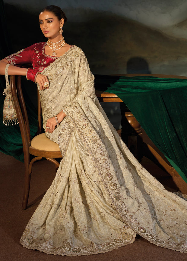 Creamy White Embroidered Kanjivaram Silk Saree