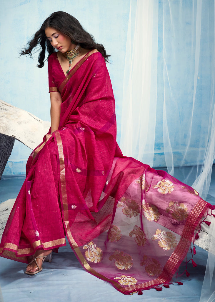 Magenta Pink Woven Cotton Silk Saree