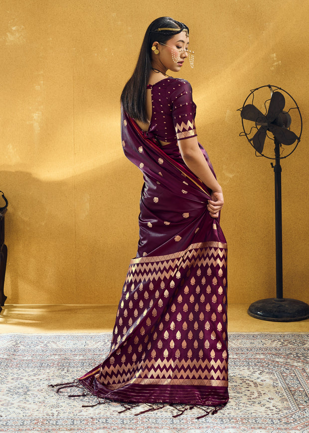 Wine Purple Woven Banarasi Satin Silk Saree