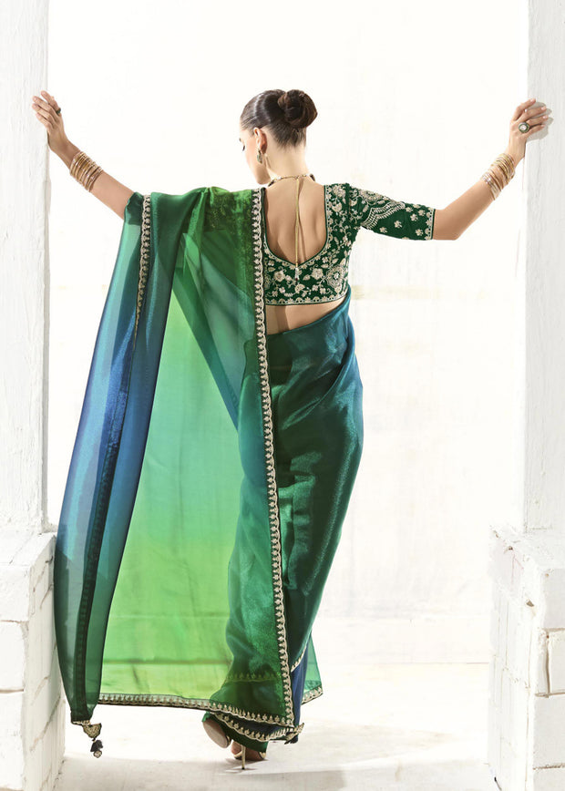 Jungle Green Designer Organza Tissue Silk Saree