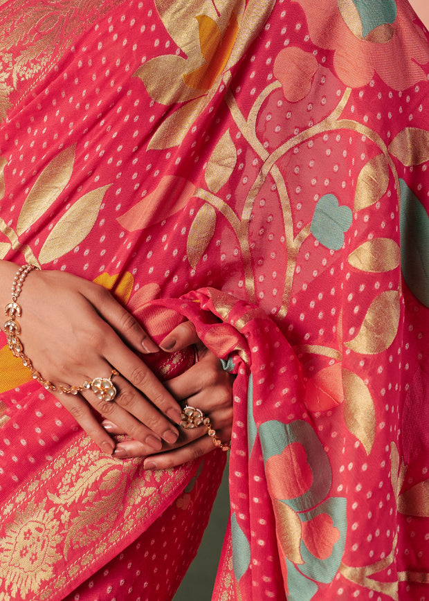 Paradise Pink Woven Georgette Bandhej Saree