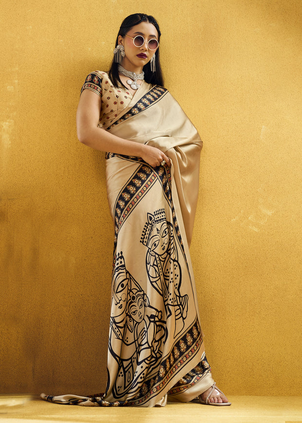 Ivory Satin Silk Saree with Ajrakh Printed Pallu and Blouse