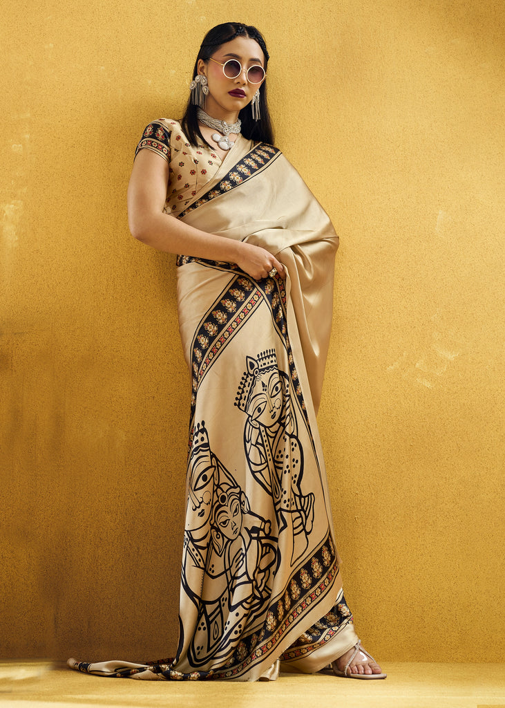Ivory Satin Silk Saree with Ajrakh Printed Pallu and Blouse
