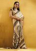 Ivory Satin Silk Saree with Ajrakh Printed Pallu and Blouse