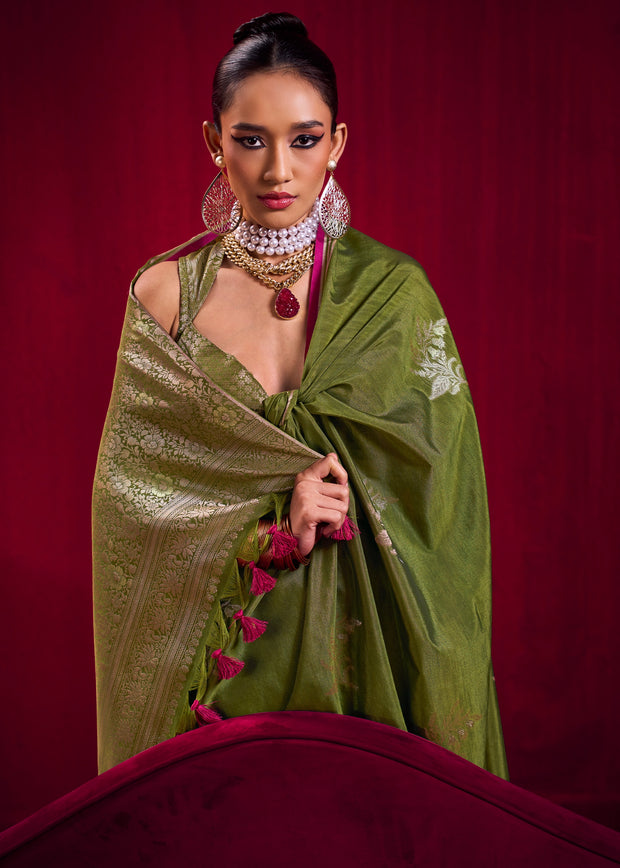 Heena Green Woven Banarasi Satin Linen Silk Saree