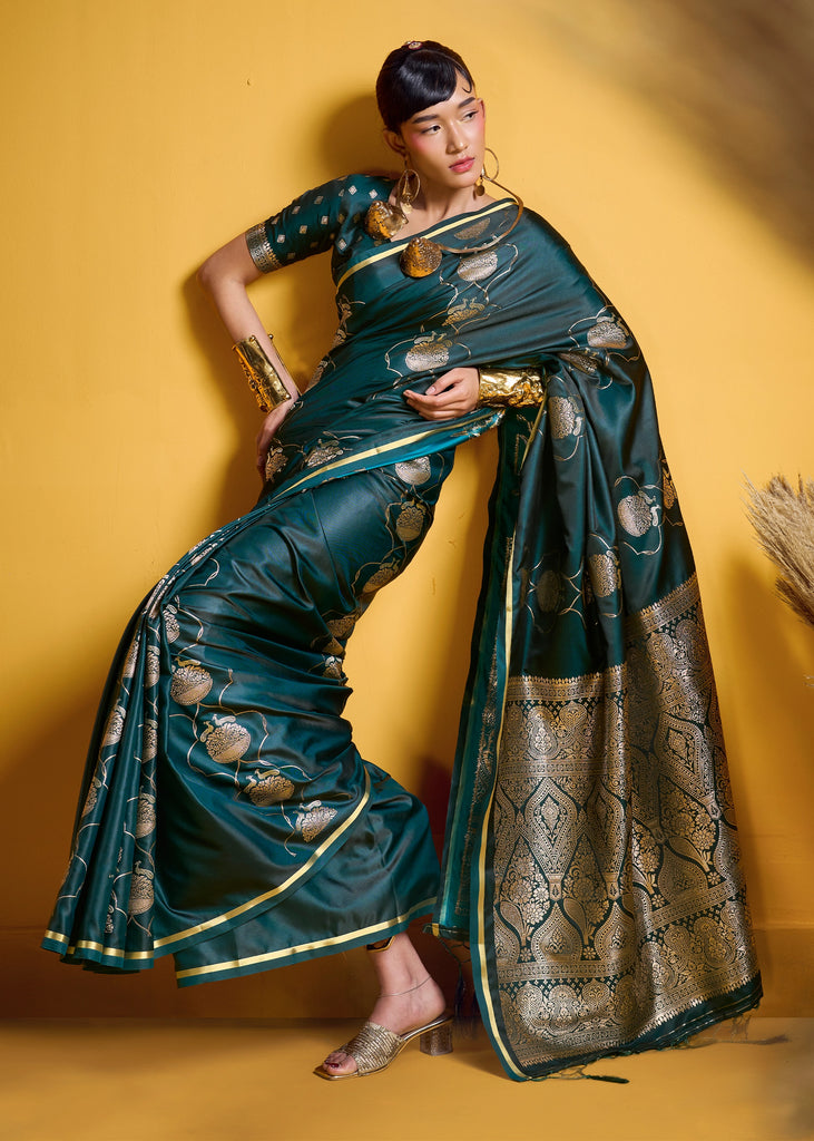Pacific Green Banarasi Satin Silk Saree