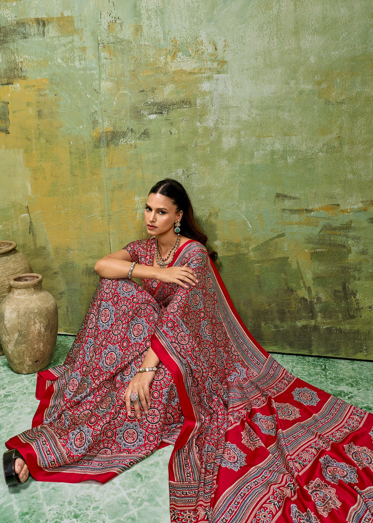 Red Printed Satin Silk Saree