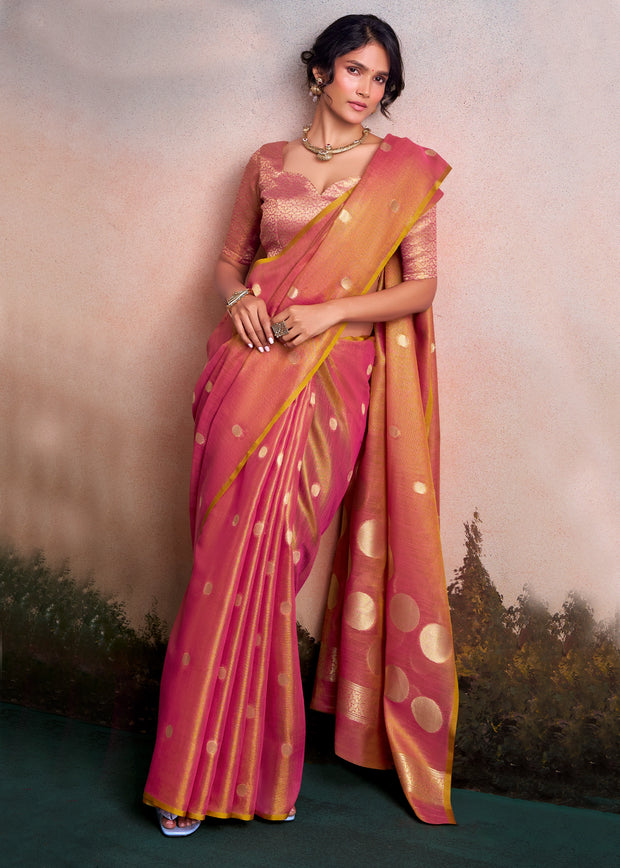 Orange Peach Woven Tissue Silk Saree