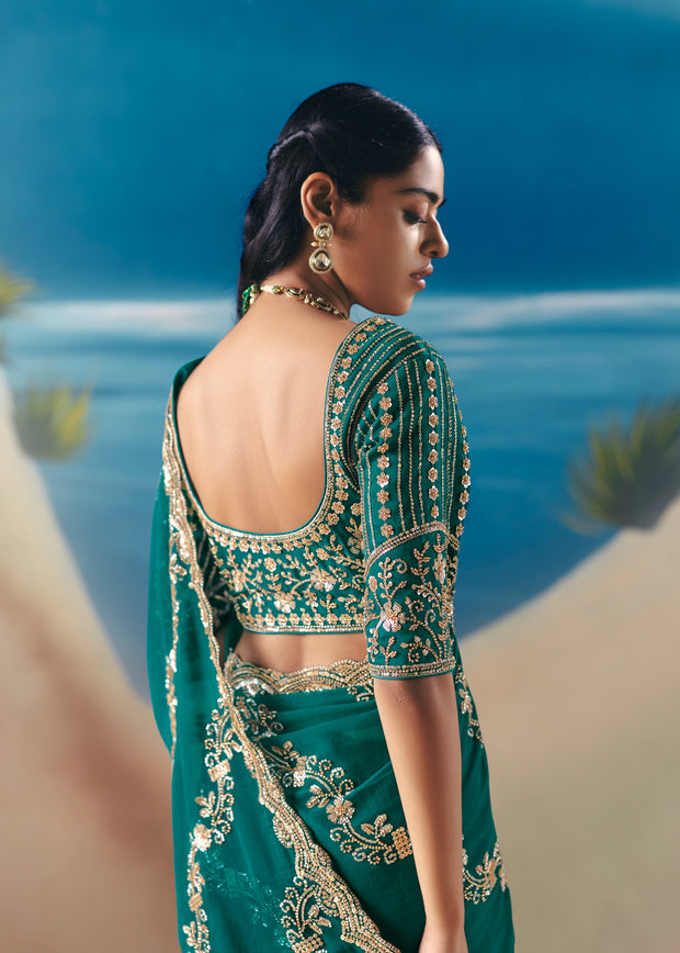 Emerald Green Satin Organza Embroidered Saree